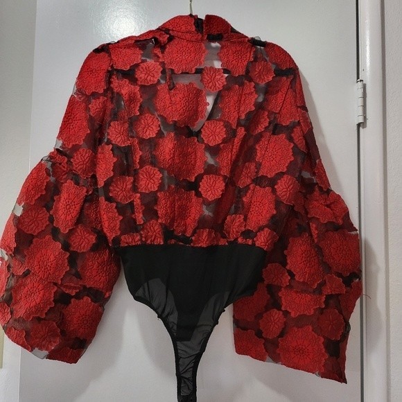 Flower Red Sheer Bodysuit Size Large - Picture 1 of 10